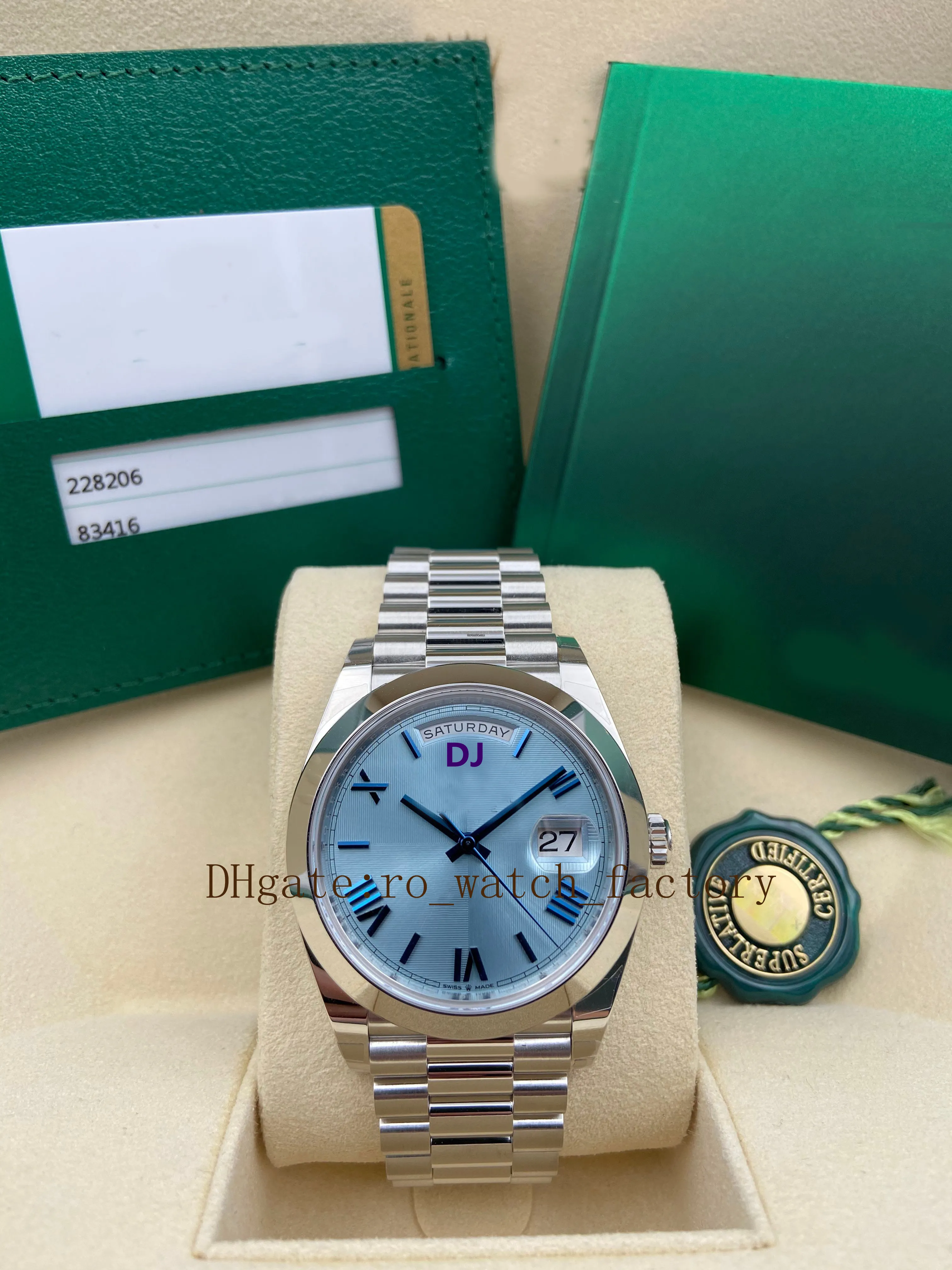 الرجال مشاهدة BP Factory Platinum 40mm Day Day Ice Blue Aparic Dial Rare Automatic Fashion الأرقام الرومانية النساء مشاهدة طي 3235 ساعة ميكانيكية