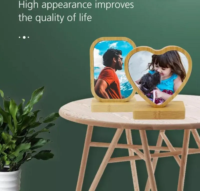 Sublimation Blanks Bamboo Photo Frames Double Sided Print Heart/Love/Round Shape With Magnetism MDF Insert Base Holder For Home Decoration Table Wooden Frames