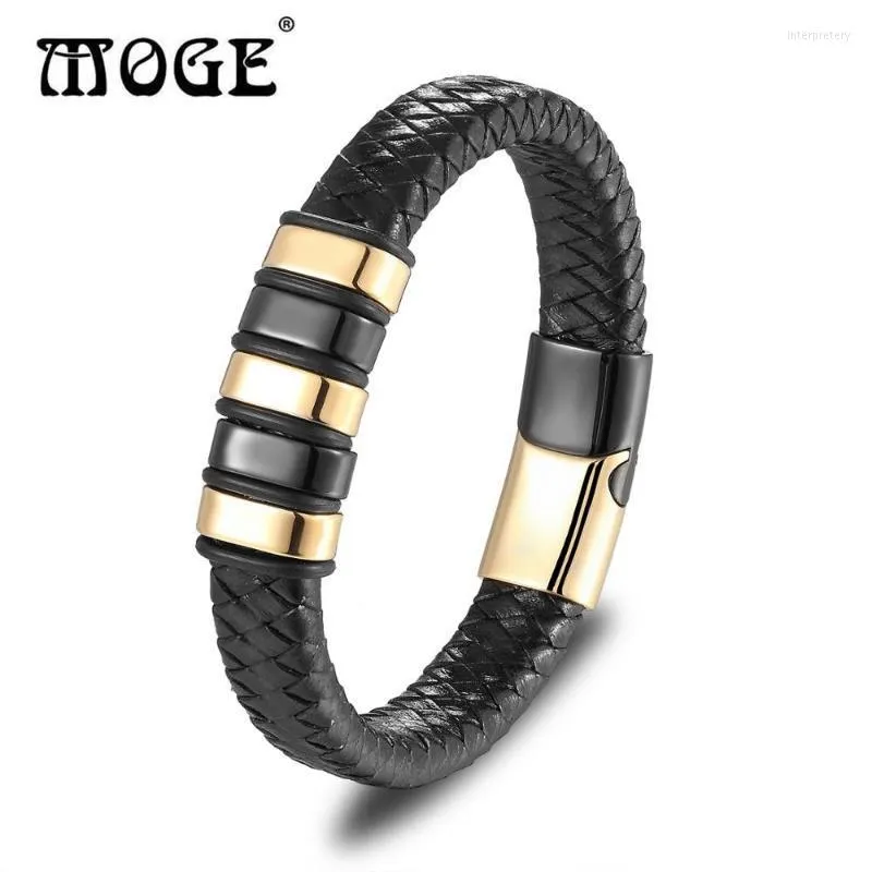 Charm Bracelets Trendy Men Genuine Leather Cool Stainless Steel Magnetic Clasp Rope Bangles Fashion Punk Male JewelryCharm Inte22