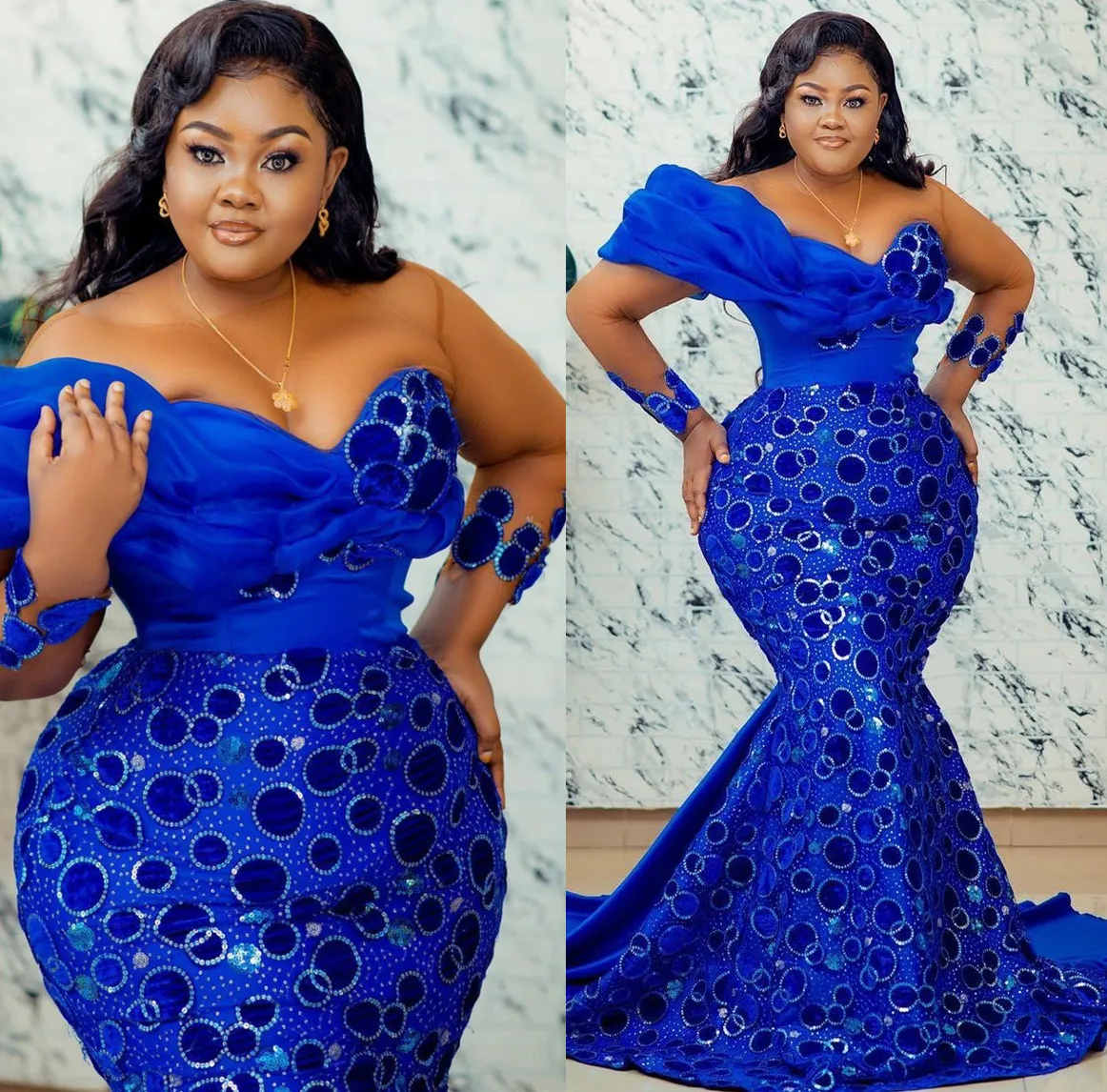 2022 Plus Size Arabic Aso Ebi Royal Blue Memaid Prom Dresses Sheer Neck Evening Formal Party Second Reception Birthday Engagement Gowns Dress ZJ333