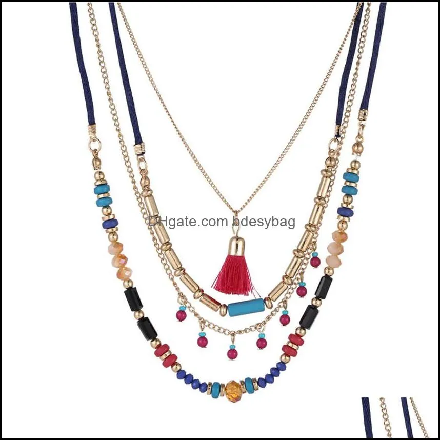 bohemian fashion ethnic style multi layer rice bead chain tassel pendant holiday necklace zemz