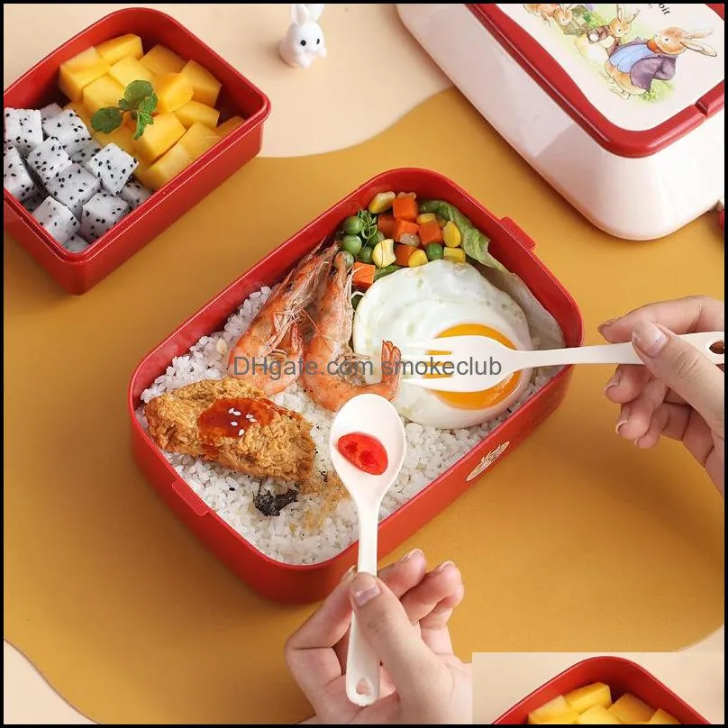 Cartoon Children Lunch Box Cute Student Bento Microwave es Food Storage With Independent Cutlery For Kid Camping 220228