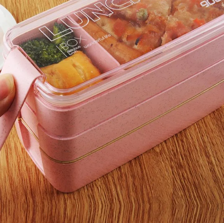 Healthy Material Lunch Box 3 Layer 900ml Wheat Straw Bento Boxes Microwave Dinnerware Food Storage Container Lunchbox SN4932