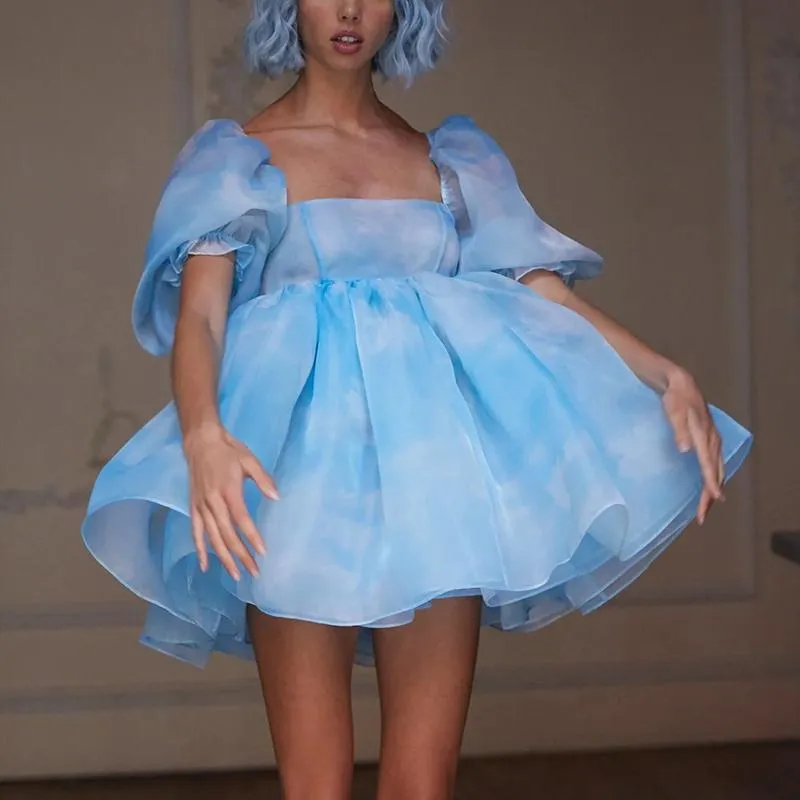 Lässige Kleider Farben Sommer Frauen Märchen Puffärmel Himmelblaue Wolken Druckkleid Hohe Taille Tutu Ballkleid Sexy Mini Organza KleiderC