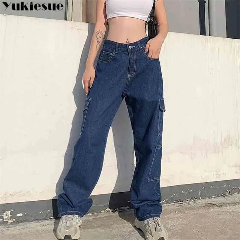 Mode losse jeans casual werkbroek vrouwen hiphop vrouw katoenen broek grote zakkleding blueblackwhite 210608