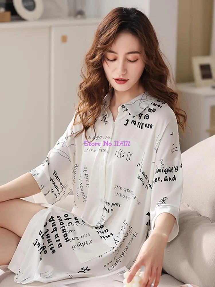 Women's Sleepwear Summer Ladies Satin Leisure Wear Nightdress Ice Silk Sleepshirts Women Nightgown Mid-sleeve Dormir Bedgown