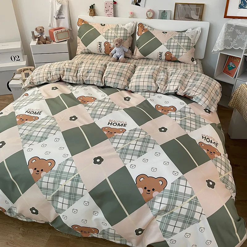 Grid Splicing Printing Bedding Set A/B Double-sided Bear Pattern Bed Duvet Cover Set 3/4pcs with Pillowcase for All Seasons