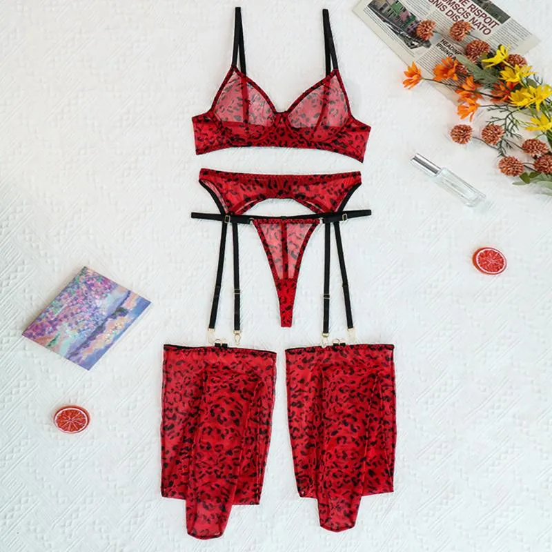 Aduloty Red Leopard Print Lingerie Set For Women Sexy Thin Lace