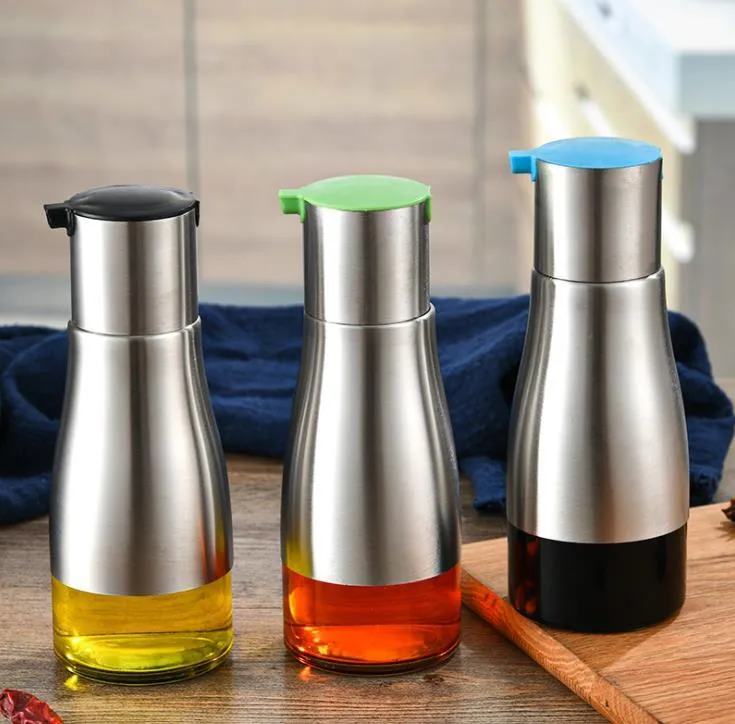 Functional Olive Oil tools Bottle Soy Sauce Vinegar Seasoning Storage Can Glass Bottom 304 Stainless Steel Body Kitchen Cooking SN5887