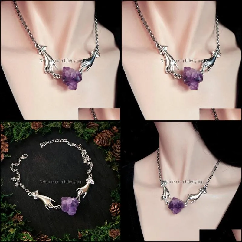 Chain Choker Hands Necklace Jewelry Magical Hands Purple Crystal Fashion Women Men Gift Pendant Statement New 2020