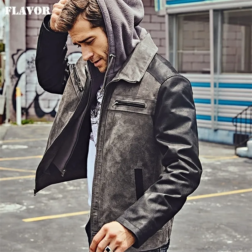 FLAVOR New Men s Genuine Leather Jacket with Detachable Hood Men Real Leather Motorcycle Coat LJ201029