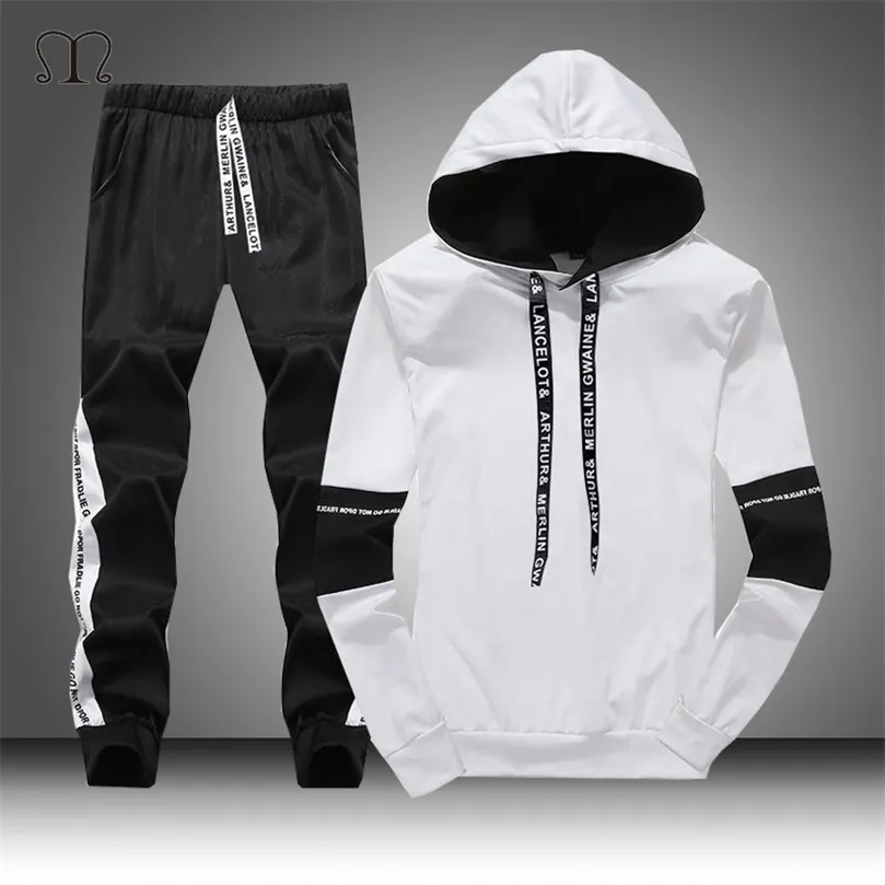 White Black Men Hoodies Set Fashion Autumn Brand Casual Tracksuit Mens Set Sport Tweedel Patchwork Hoodie Pant Male Suit 201128