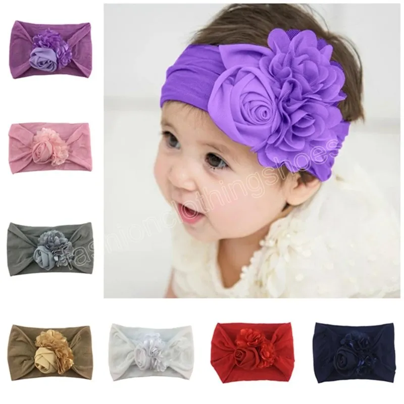 Fashion Baby Girls Chiffon Flower Knit Headband Wide Nylon Hairband For ...