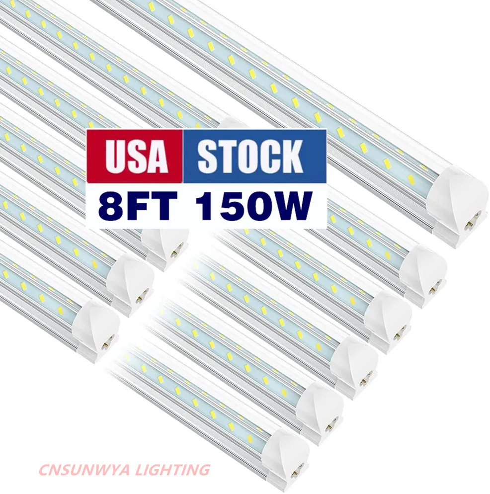 CNSUNWAY LIGHTING 50Pcs 8' LED Shop Light Fixture tube 8FT V Shaped 4 Feet 8Feet T8 Integrated Cooler Door Double Sides 2 Rows 150W Garage Light