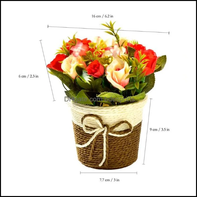 Artificial Silk Rose Flowers+Rattan Vase Simulation Plants Mini Bonsai Set For Wedding Party Home Garden Decoration Fake Flowers