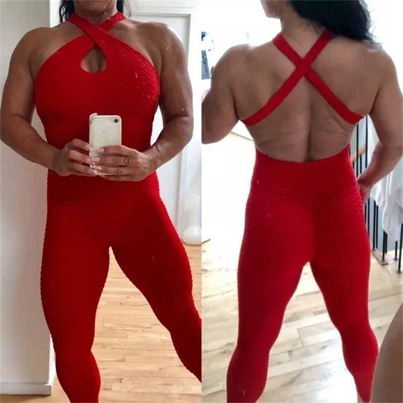 Drop Shipping Red Booty Bodysuit Fitness Rompers Womens Jumpsuit Backless Halter Across Playsuit Sexy Bodysuit T200509