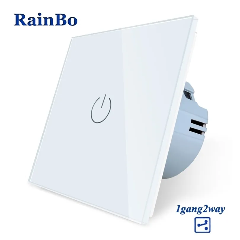 Rainbo 계단-결정 유리 패널 벽 스위치 EU 표준 AC250V LED 터치 스위치 화면 벽 라이트 스위치 1gang-2way A1912CW/B T200605