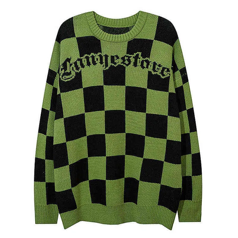 Män hiphop stickade jumper tröjor vintage checkerboard jacquard streetwear harajuku höst hipster casual lösa tröjor 2022 t220730