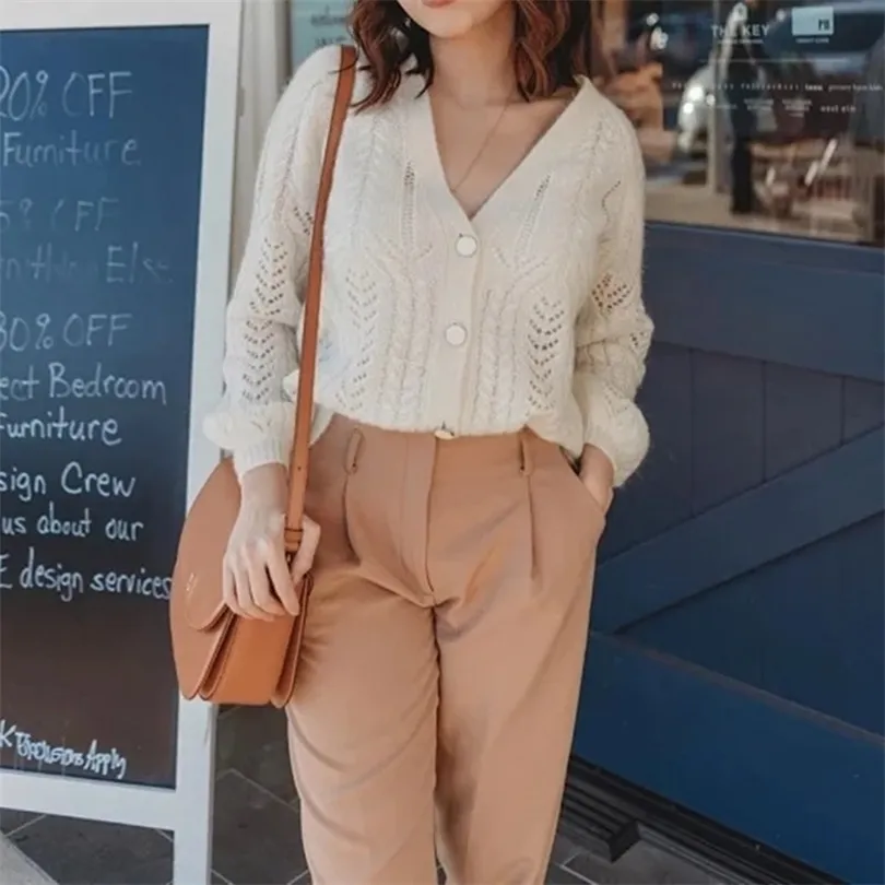 Early Spring Knitted Sweater Cardigan ladies V-neck mohair twist knitwear Female Single-breasted Hollow Out Outwear top 210204