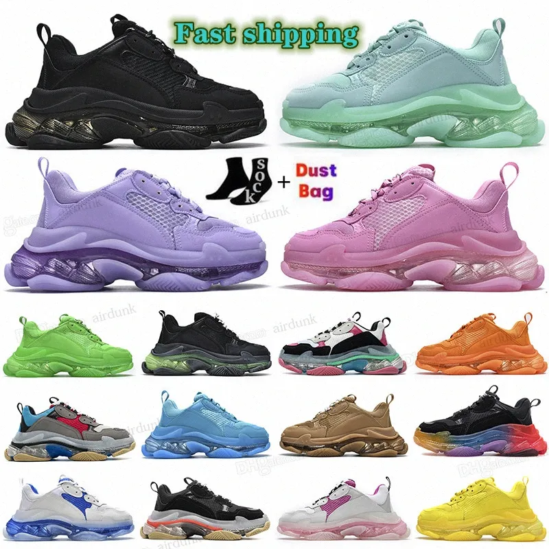 Mode Triple S Clear Sole Casual Schoenen Zwart Roze Neon Groen Gym Rood Blauw Wit Sneakers Turquoise Lichtbruin Metallic Zilver Heren Dames Dad Paris Platform Trainers