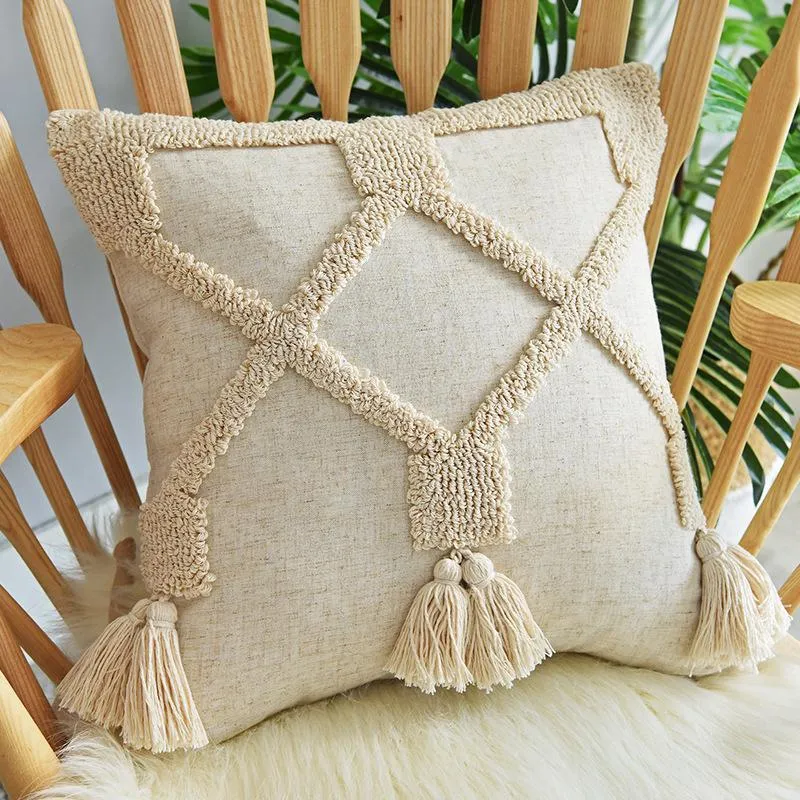 Cushion/Decorative Pillow Linen Cushion Cover 45x45cm Boho Style Tassels Beige For Home Decoration Netural Living Room BedroomCushion/Decora