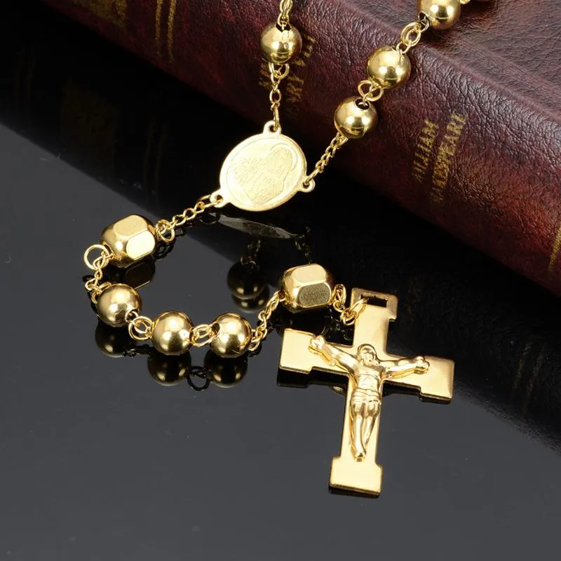 Chains Granny Chic 8mm Gold Tone Rosary Beads Link Chain Necklace For Women Men Crucifix Jesus Pendant Religious Cross Jewelry GiftsChains