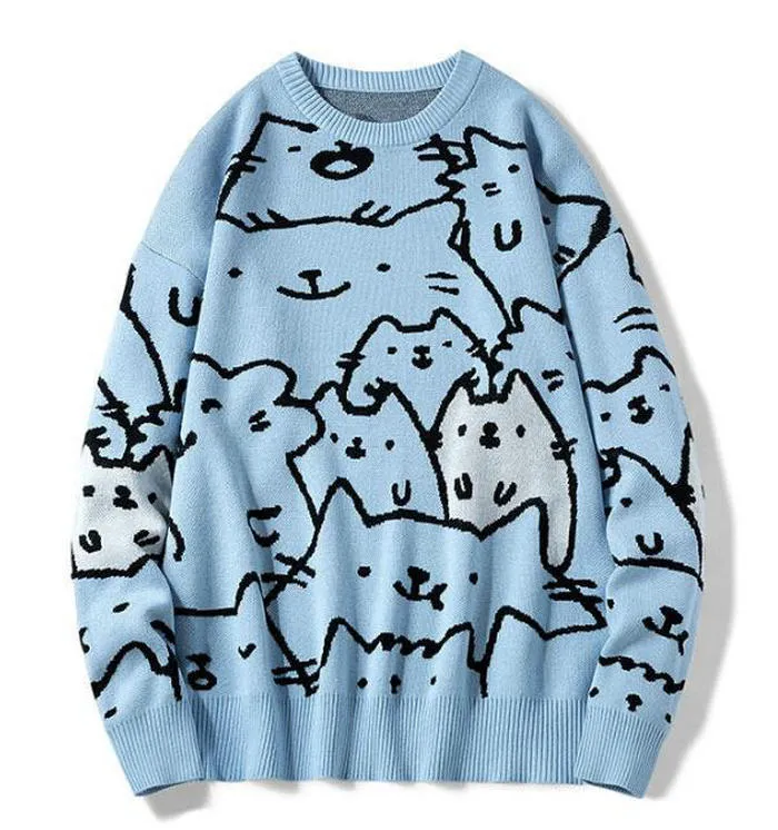 Męskie pulovery swetry śliczne kota z dzianiny streetwear gimized harajuku o-drewna sweter mężczyźni kobiety bawełniane ubranie żakardowe ubranie