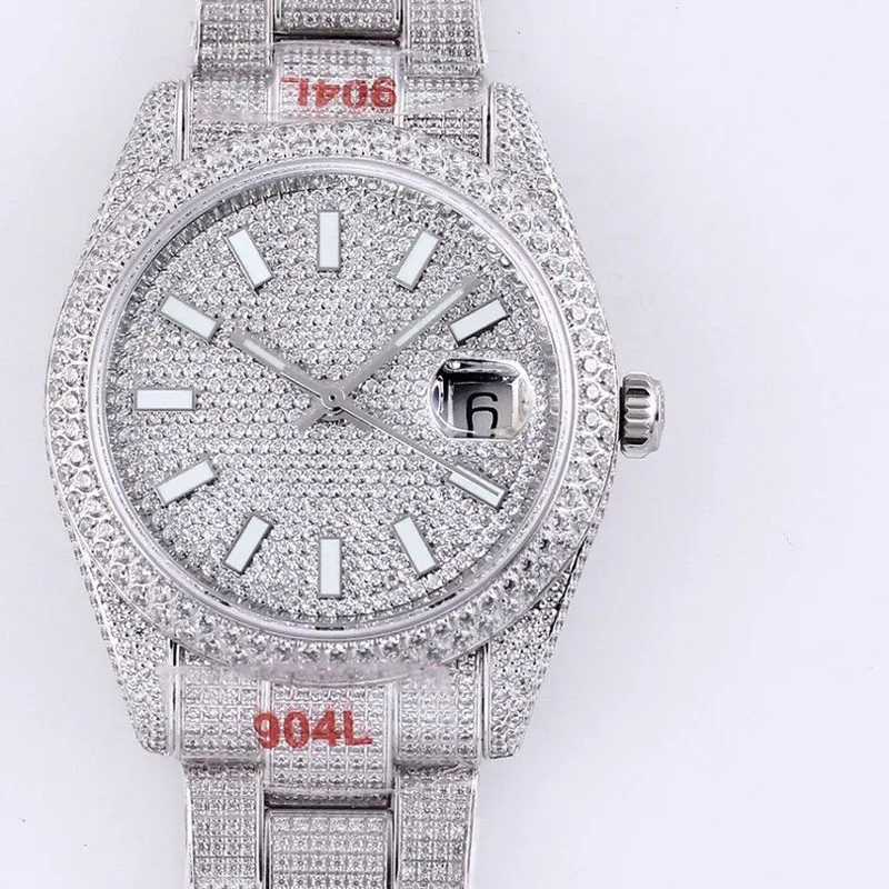 Volledige diamanten heren Watch 41 mm automatische mechanische horloges diamant bezel waterdichte saffier polshorloges diamantstudded stalen armband montre de luxe