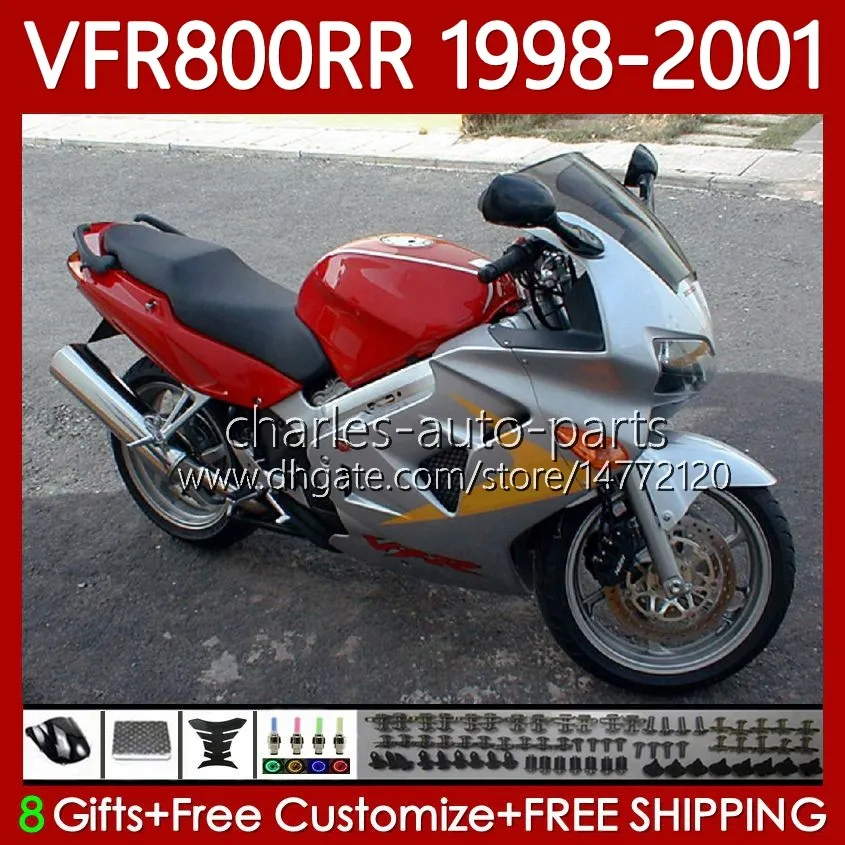 Carrosserie pour HONDA Interceptor VFR800R VFR 800RR 800 CC RR 98-01 Bodys 128No.30 VFR800RR 800CC VFR800 Rouge argent 98 99 00 01 VFR-800 RR 1998 1999 2000 2001 Kit de carénage