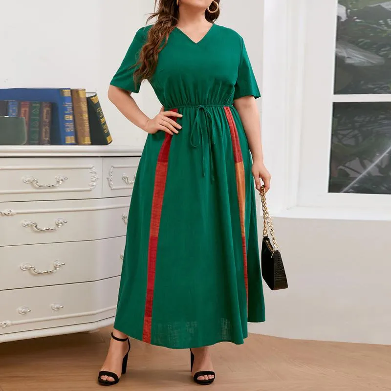 Платья плюс размер платья повседневные шифоновые платья женщины 2022 поступления с короткими рукавами упругая талия зеленые свободные негабаритные макси длинные
