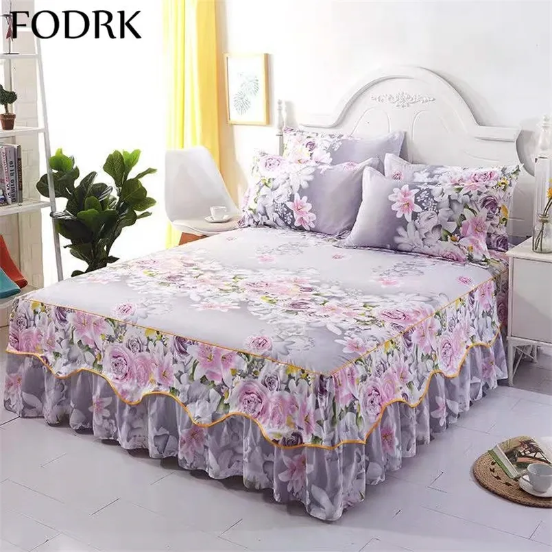 3Pcs Bed Sheet Cotton Lace Skirt Elastic Fitted Double Bedspread Mattress Cover Home Pillowcase Bedding Set Bedsheet 2 Seater 220514