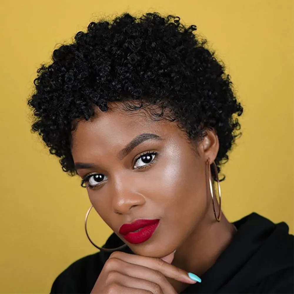 Machine Made Afro Kinky Curly Wig For Black Women Brazilian Pixie Curls Human Hair Non Lace Front Full Curl Short Length From Qtzhao 54.27 DHgate.Com
