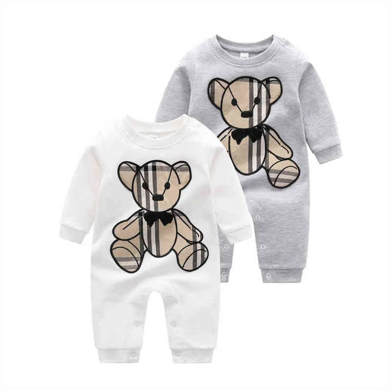 Yeni doğan kız bebek erkek çocuk pamuklu bebek tasarımcısı marka karikatür ayı ekose desen yeni doğan butik kıyafetler onesie tulum G220510