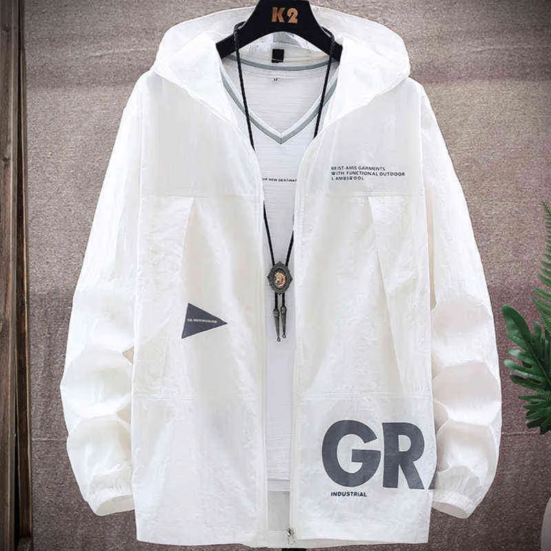 2021 New Summer UV Protection White Skin Coats Men Letter Capacte Capuz Jackets finos de tamanho grande 8xl 9xl Y220803