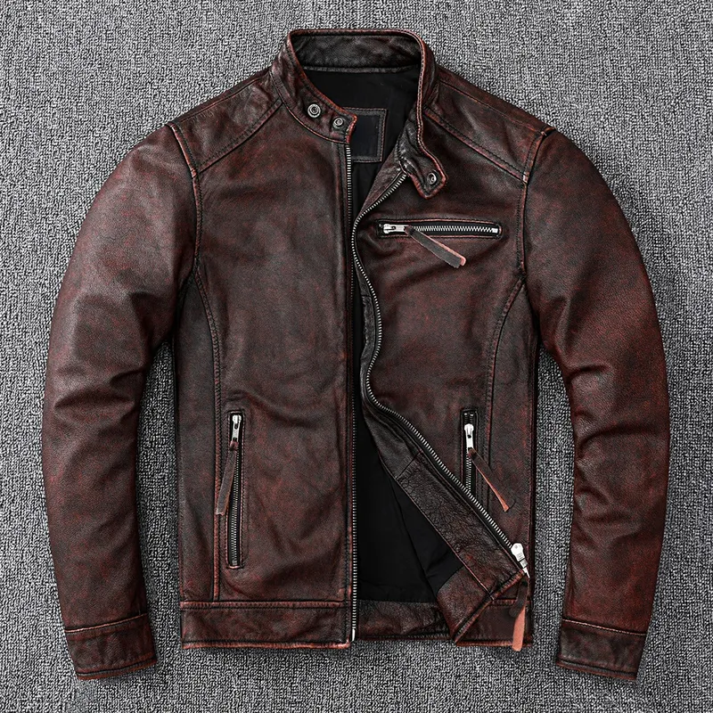 Cappotto da uomo in pelle ecopelle marrone vintage classico stile motociclista corto slim G 220823