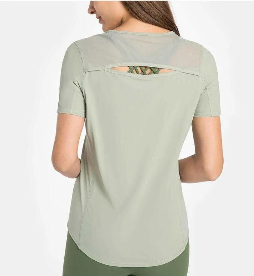 バックオープンステッチメッシュレディーストップスポーツ半袖シャツ高速乾燥通気性薄いフィットネスジムヨガTシャツ