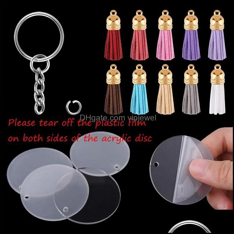 diy acrylic keychain blank transparent circle discs tassel pendant keyring couple bag ornament 120pcs craft supplies w38f
