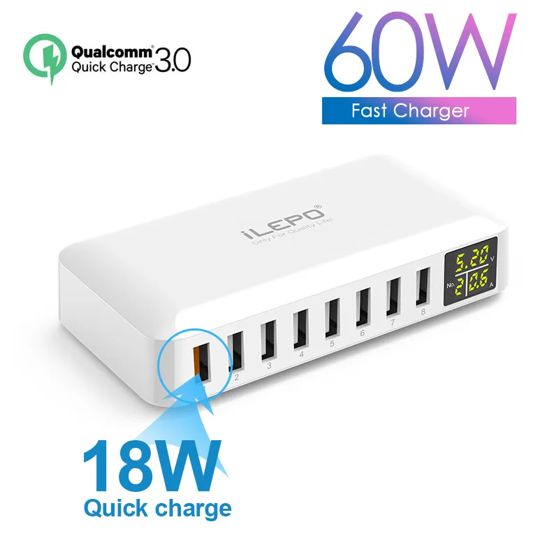 USB -laddare 60W 8 Port Fast QC3.0 Smart Quick Charge LED Display Multi Charging Station Mobiltelefon Desktop Home For Smartphone etc.