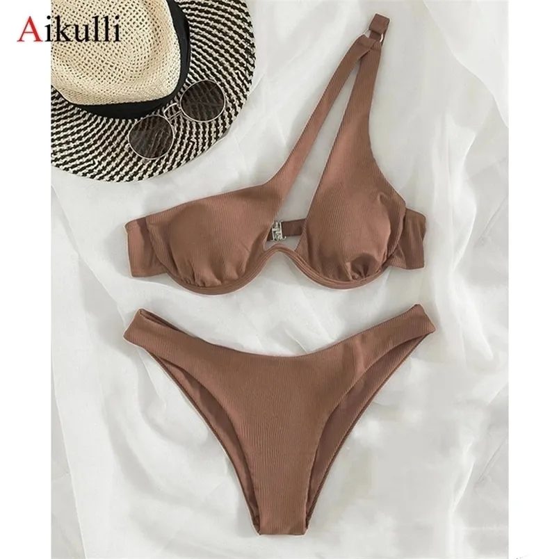 Sexy une épaule Bikinis maillots de bain découpés femmes maillots de bain à armatures Biquini coupe haute maillot de bain Push Up plage Bikini ensemble 220518