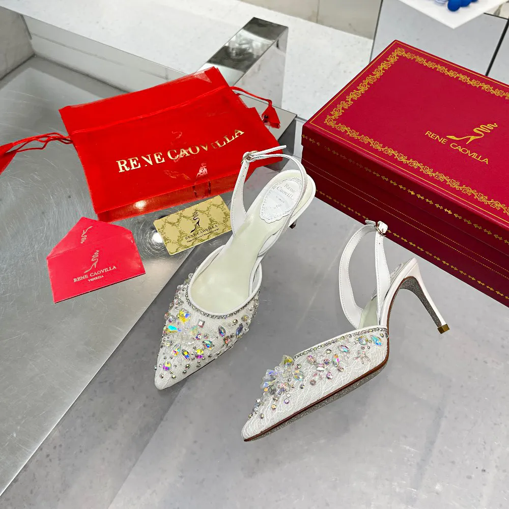 Rene Caovilla Crystal-versierde schoenen Hina Lace Point-Toe Slingback Pumps Stiletto Sandals La Luxury Designers Dress Shoe Evenal Sandal Factory Schoeisel