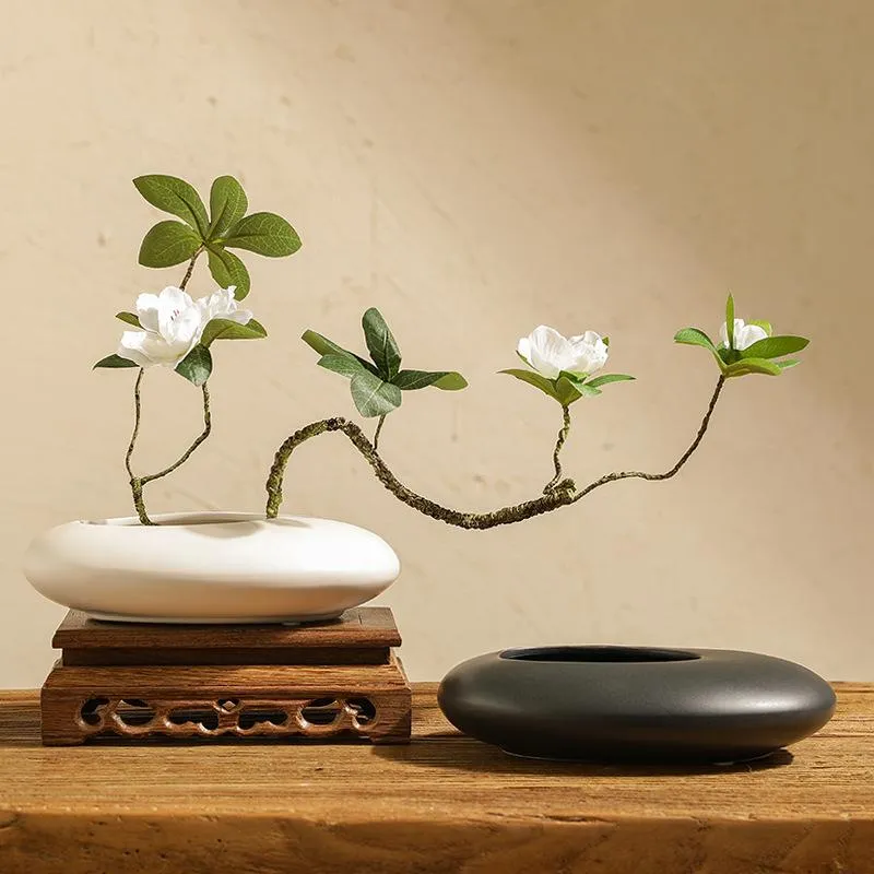 Vaser Japansk Zen Creative FFat Oval Vas Blomsterkonstset Tea Room Living Mjuk Dekoration OrnamentVaser