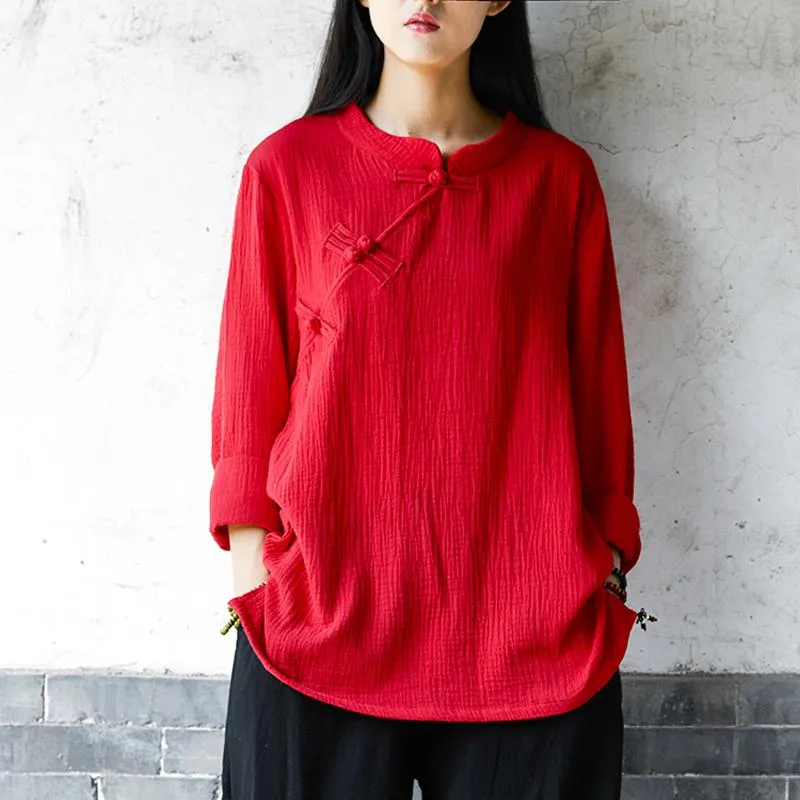T-shirt Femme Aransue Manches longues Femmes Tops Double Couche Coton Lin Tshirt Chemise de style chinois pour le printemps été BJX-004Women's