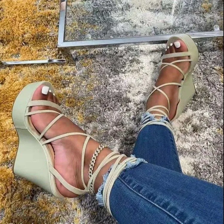 2022 Mode Femmes Sandales compensées à fond épais Filles Casual Summer Strap Tie Chaussures à bout plat Lady Vacances en plein air High Wedges Rose Vert Grande taille 35-43 No Box # H36