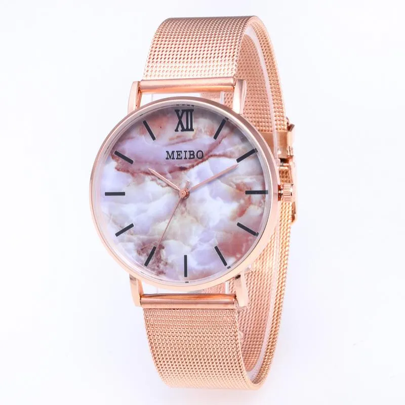 Wristwatches Fashion Wire Mesh With Marble Striped Lady Ultra-thin Quartz Watch