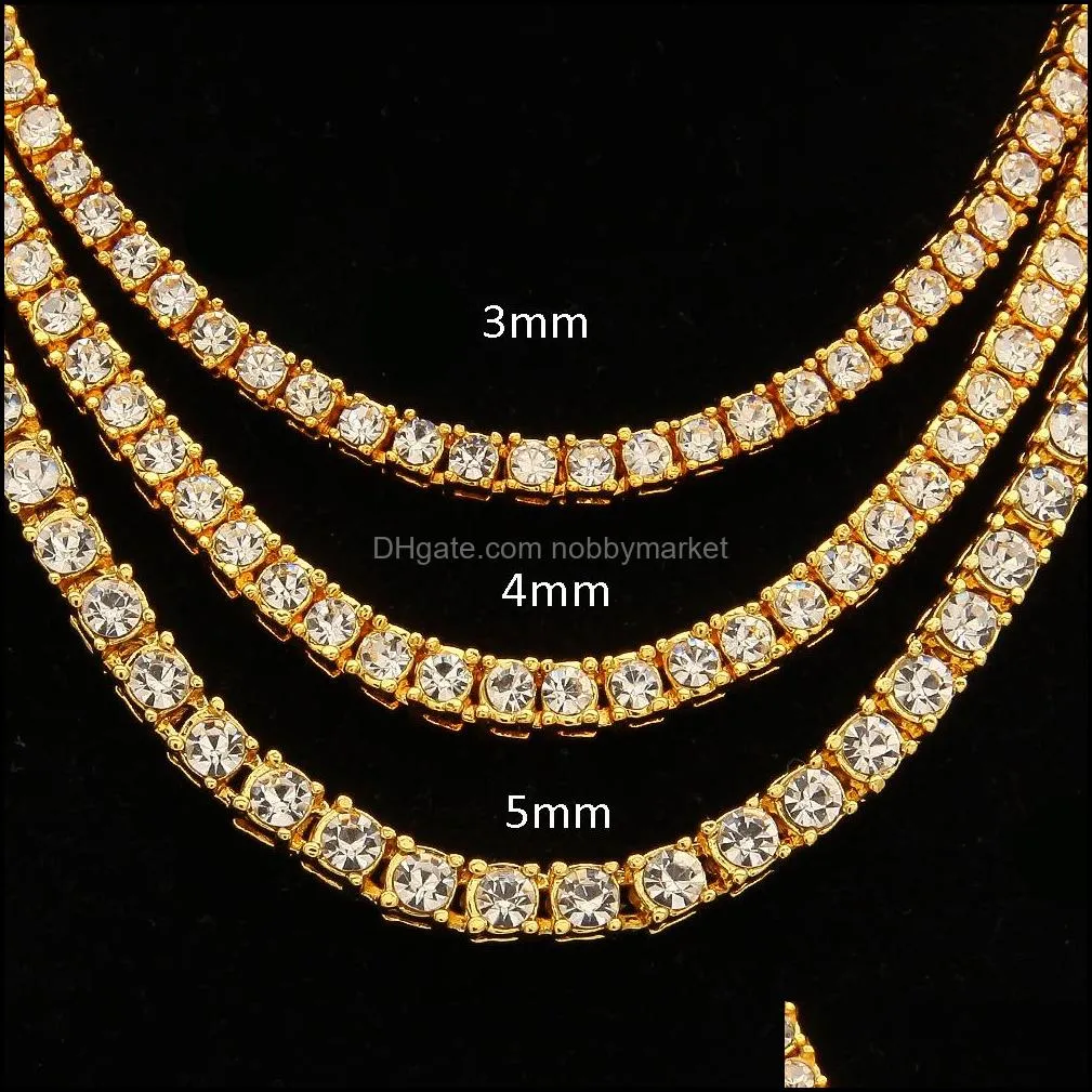 New Trendy Cool 3MM 4MM Hip Hop Tennis Chain Necklace Gold Plated Alloy Cuban Link Chains Rhinestones Necklacese Men Jewelry