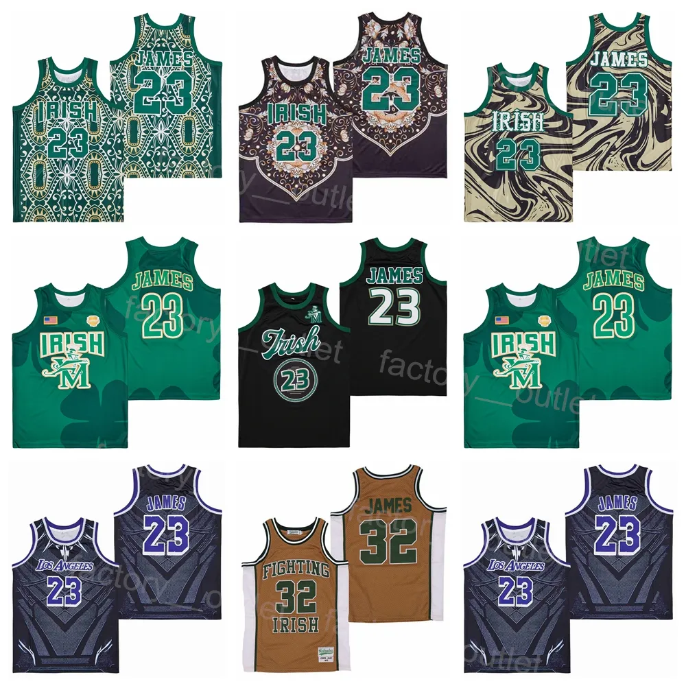 Película Baloncesto de la escuela secundaria LeBron James Mármol Jersey 23 St Vincent St Mary Irish CROWN Marrón Verde Negro Color del equipo Todo cosido Retroceso Hip Hop Transpirable