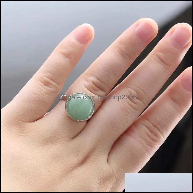 12mm Stainless Steel Round Natural Stone Ring Tiger Eye Opal Pink Crystal Adjustable Rings for Women Pendientes Jewelry C3
