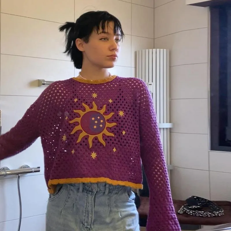 Purple Sun Star Harajuku Crochet Knitted Sweater For Women