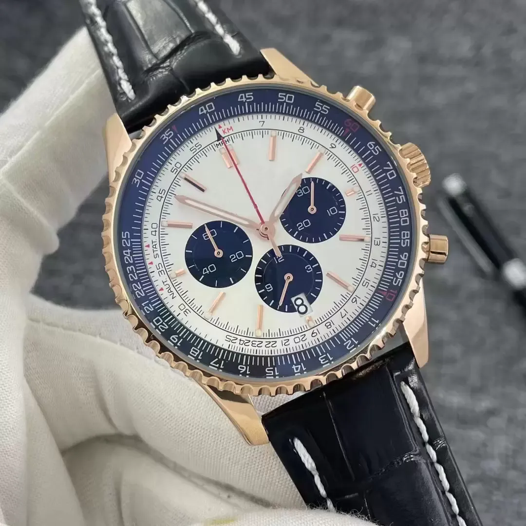 2022 Orologi da polso da uomo 46MM Orologio Navitimer di nuova qualità Cronografo Movimento al quarzo Cassa in oro giallo Quadrante argento limitato 50 ° ANNIVERSARIO Orologio da uomo Cinturino in pelle