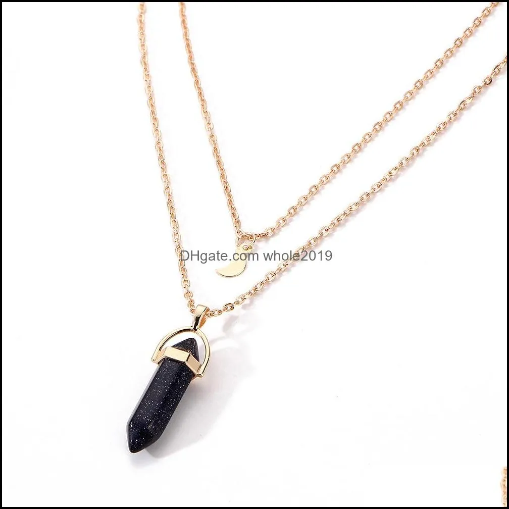 fashion gold palted multilayer lucky energy crystal hexagonal prism bullet natural stone moon quartz druzy necklace for women jewelry